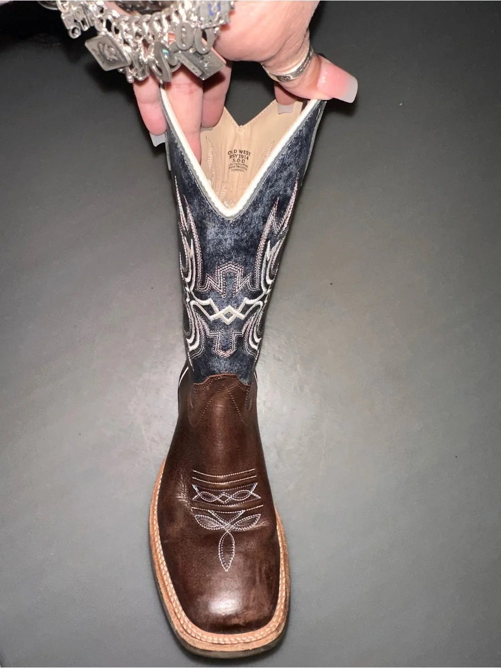 Old West Brown Leather Foot with Black Embroidered Shaft Kids Western Boots